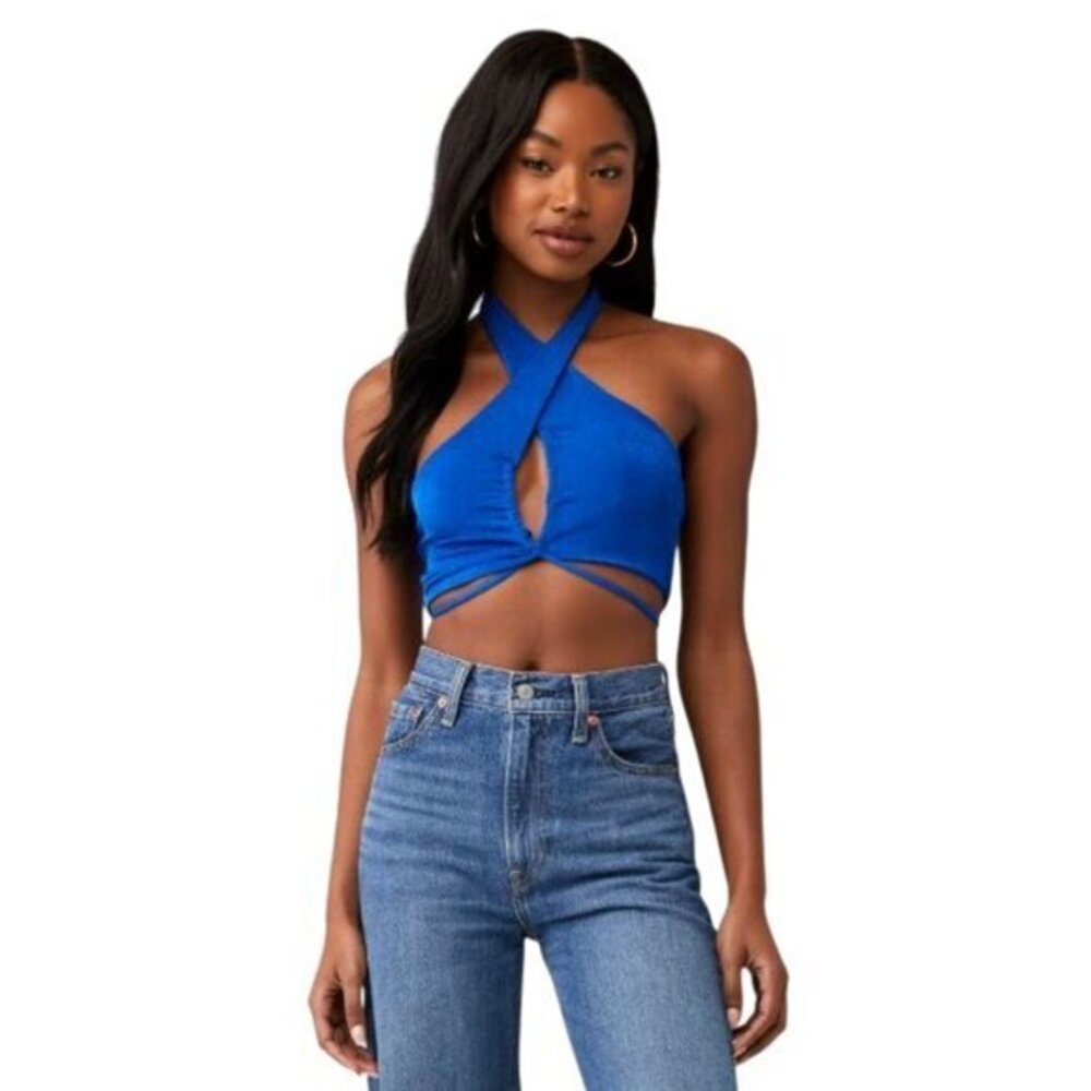 Peppermayo Harlow Cobalt Blue Tie Halter Crop Top Wrap Waist Tie AU8/US4 Poly